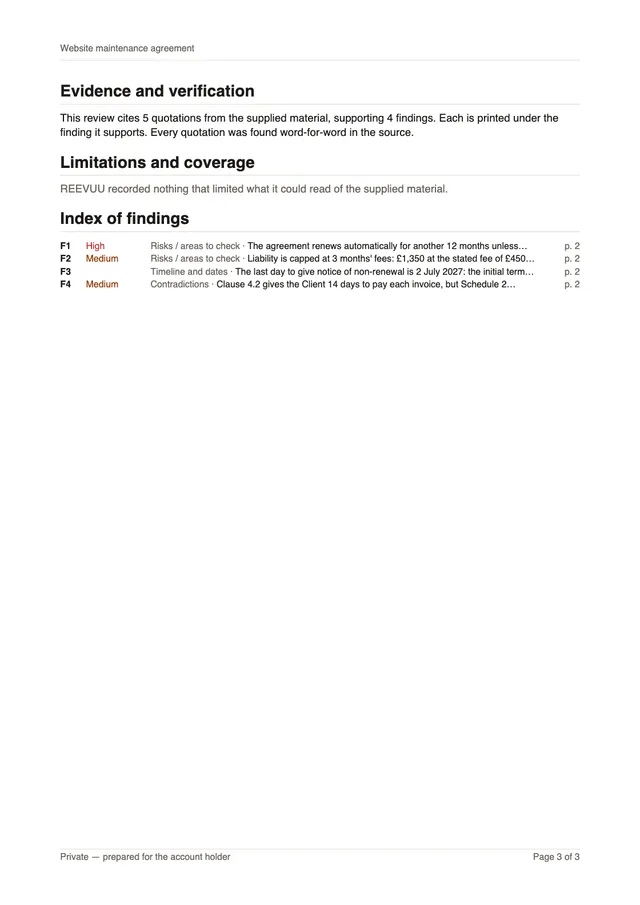 Report page 3 of 3: recommended next checks, the first of them to confirm which payment period applies, how the quotations were checked, the limitations, and an index of the four findings.